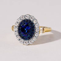 Created Sapphire Ring with 1/3ct of Diamonds in 9ct Yellow Gold Rings Bevilles 