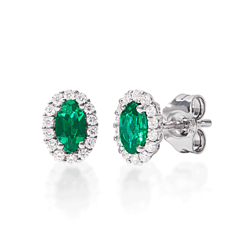 Created Emerald Stud Earrings with 0.14ct TDW of Laboratory Grown Diamonds in Rhodium Plated Sterling Silver Earrings Bevilles 