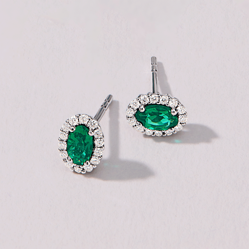 Created Emerald Stud Earrings with 0.14ct TDW of Laboratory Grown Diamonds in Rhodium Plated Sterling Silver Earrings Bevilles 