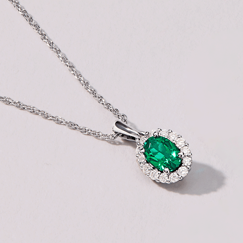 Created Emerald Necklace with 0.13ct TDW of Laboratory Grown Diamonds in Rhodium Plated Sterling Silver Necklaces Bevilles 