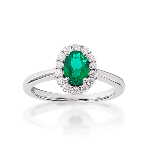 Oval Created Emerald Halo Ring with 0.23ct of Laboratory Grown Diamonds in Sterling Silver and Rhodium Rings Bevilles 