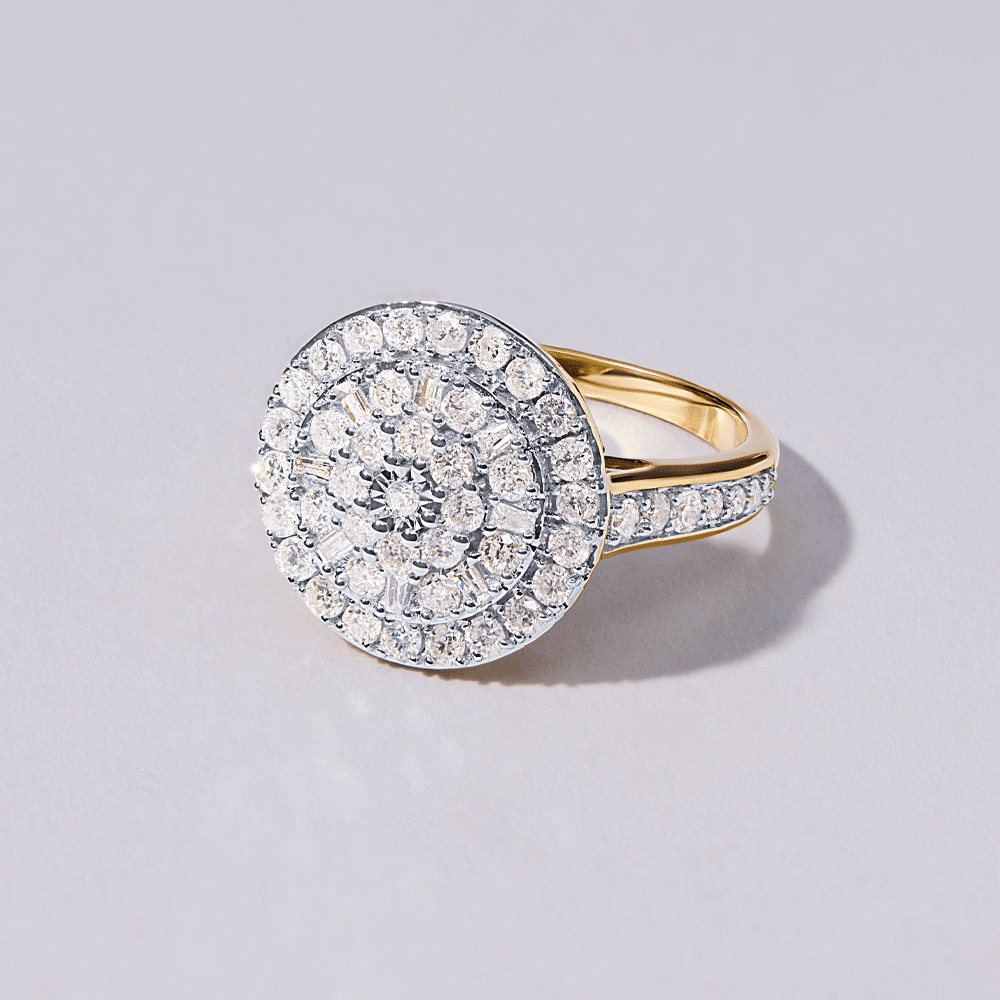 Round Halo Ring with 1.00ct of Diamonds in 9ct Yellow Gold Rings Bevilles 