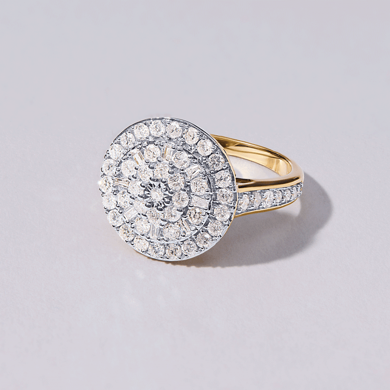 Round Halo Ring with 1.00ct of Diamonds in 9ct Yellow Gold Rings Bevilles 