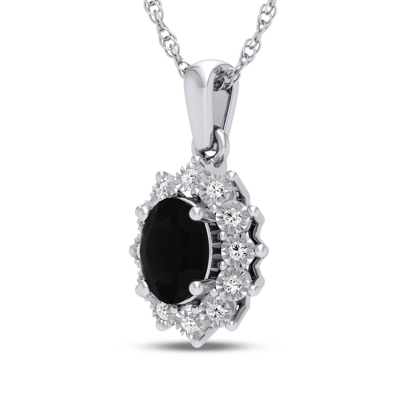 Oval Created Sapphire Necklace with 0.05ct of Diamonds in Sterling Silver Necklaces Bevilles 