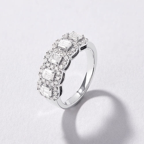 Emerald Cut Multi Station Dress Ring with 1.30ct of Laboratory Grown Diamonds in Sterling Silver and Platinum Rings Bevilles 