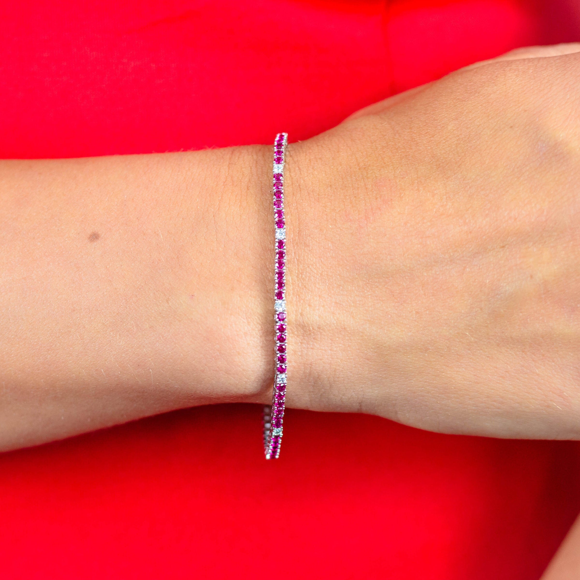 MILESTONE RUBY 2MM TENNIS BRACELET IN SILVER Bevilles Jewellers 