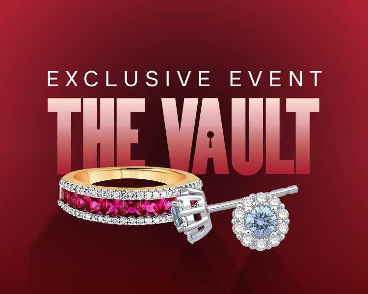 Promotional graphic for 'The Vault Exclusive Event' featuring two jewelry items: a yellow gold eternity ring with a row of vibrant pink gemstones and clear accent stones, and a silver-tone halo stud earring with a round light blue center stone surrounded by clear stones, set against a dark red gradient background.