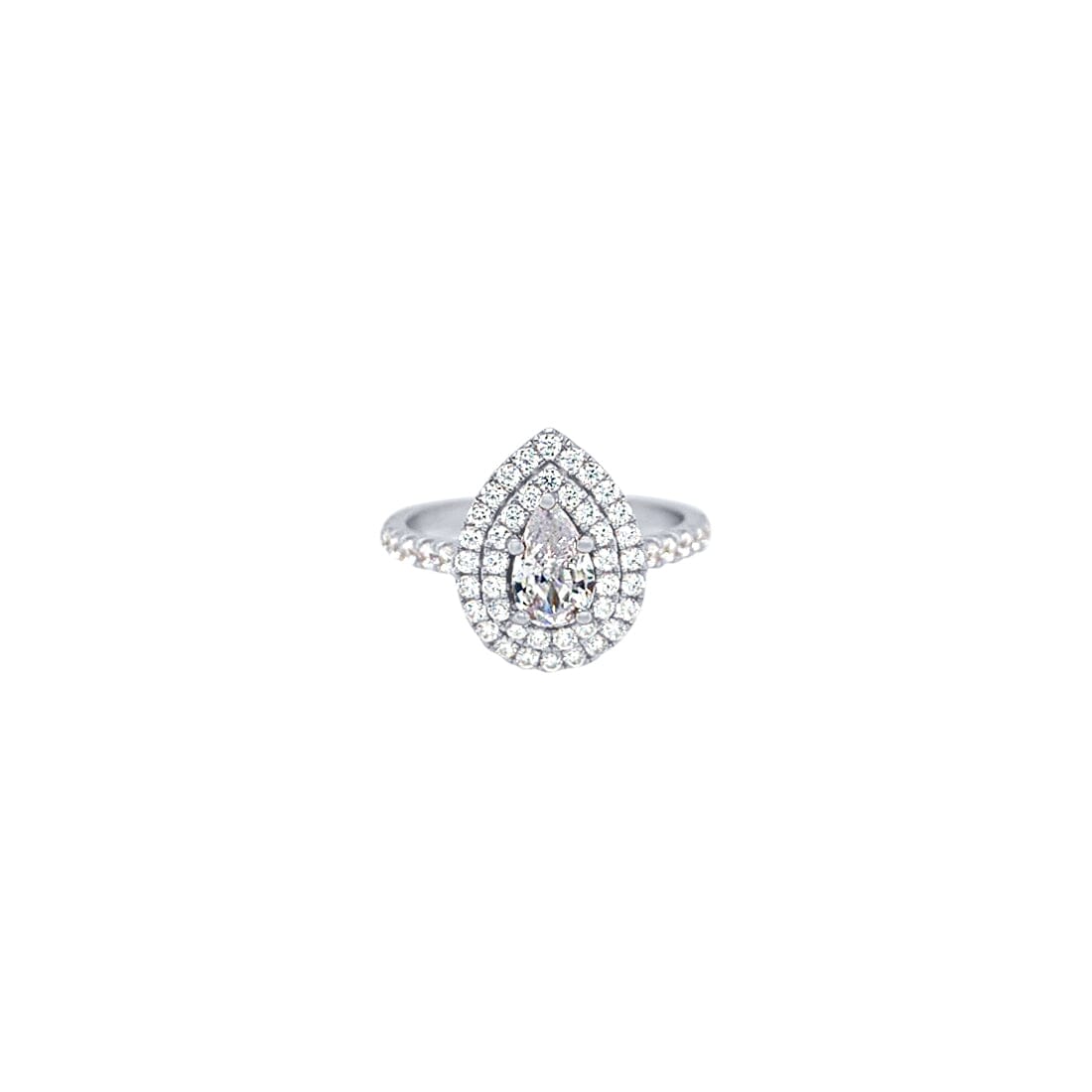 Pear Shaped Double Halo Ring with Cubic Zirconia in Sterling Silver Rings Bevilles 