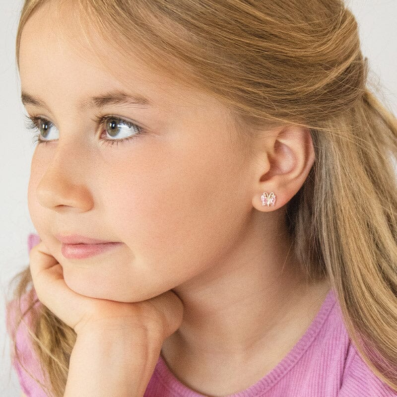Children's Sterling Silver Pink Crystal Butterfly Stud Earrings Earrings Bevilles 
