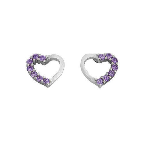 Children's Light Purple Cubic Zirconia Open Heart Stud Earrings in Sterling Silver Earrings Bevilles 