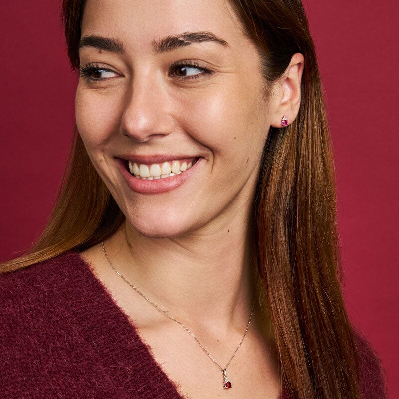 Birthstone Teardrop Pendant Necklace with Created Ruby and 0.05tw of Laboratory-Grown Diamonds in Sterling Silver and Platinum Pendants Bevilles 