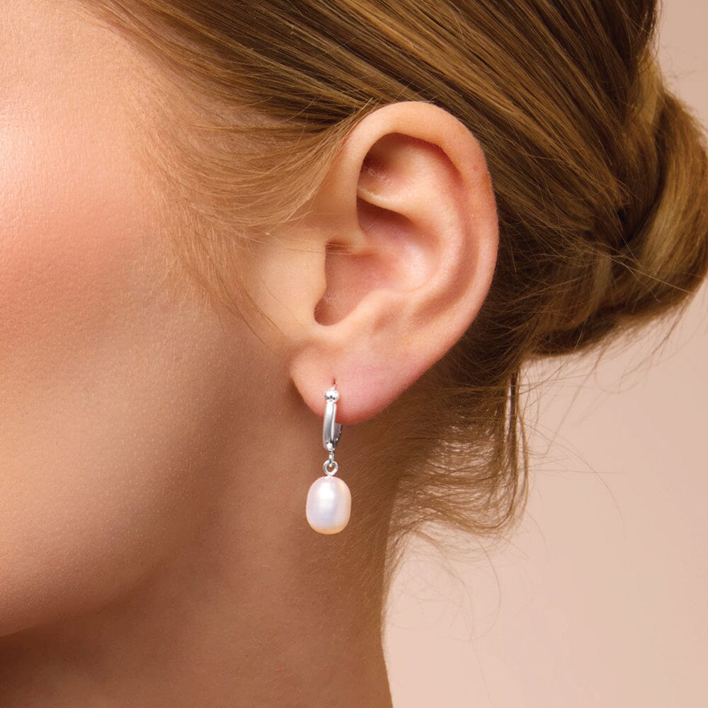Freshwater Pearl Drop Hoop Earrings in Sterling Silver Earrings Bevilles Jewellers 