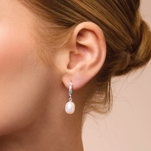 Freshwater Pearl Drop Hoop Earrings in Sterling Silver Earrings Bevilles Jewellers 