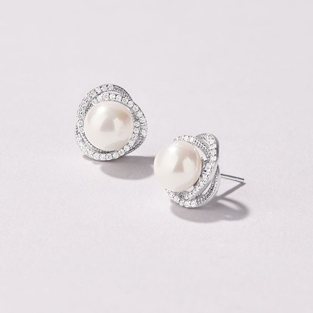 Freshwater Pearl & Cubic Zirconia Halo Swirl Earrings in Sterling Silver Earrings Bevilles 