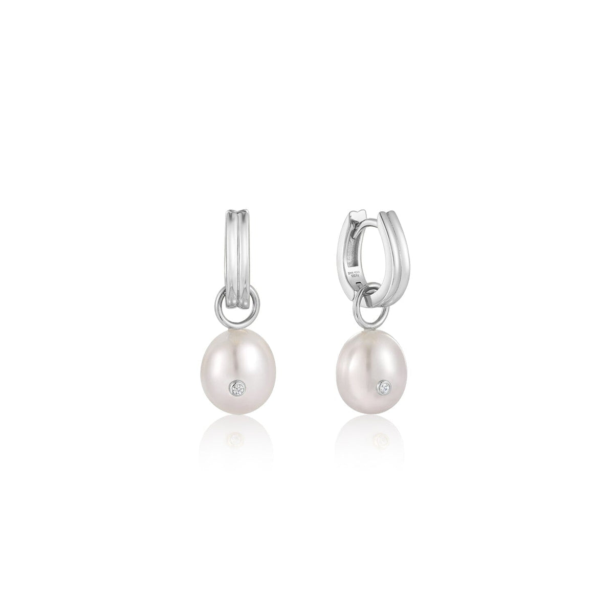 Ania Haie Silver Pearl Drop Sparkle Huggie Hoop Earrings Earrings Ania Haie 