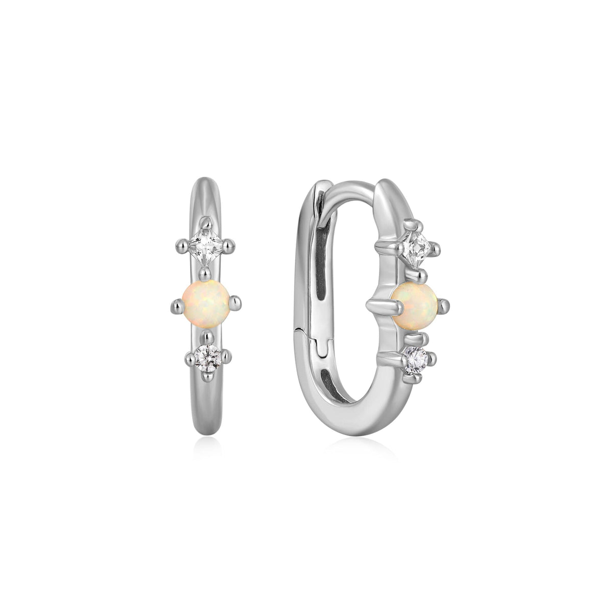 Silver Kyoto Opal Oval Huggie Hoop Earrings Earrings Ania Haie 