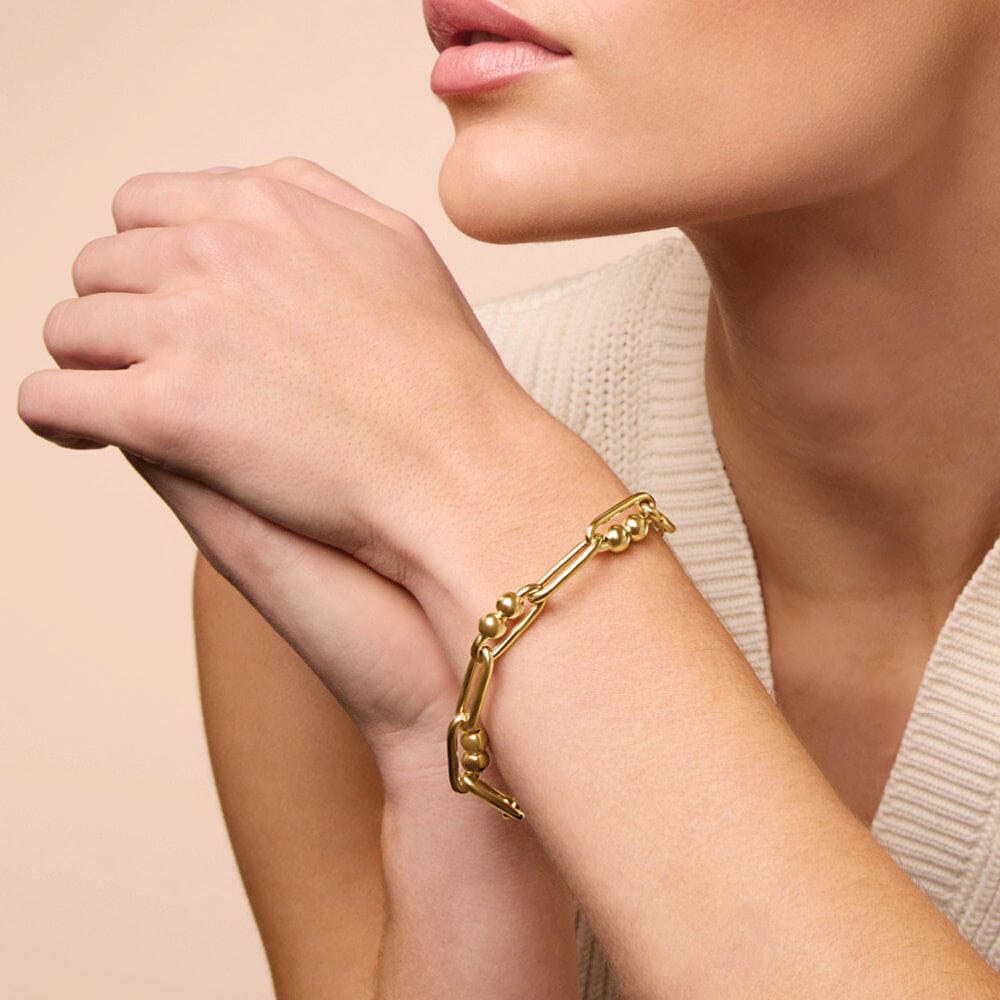 9ct Yellow Gold Silver Infused Paperclip Double Bead Chain Bracelet Bevilles Jewellers 