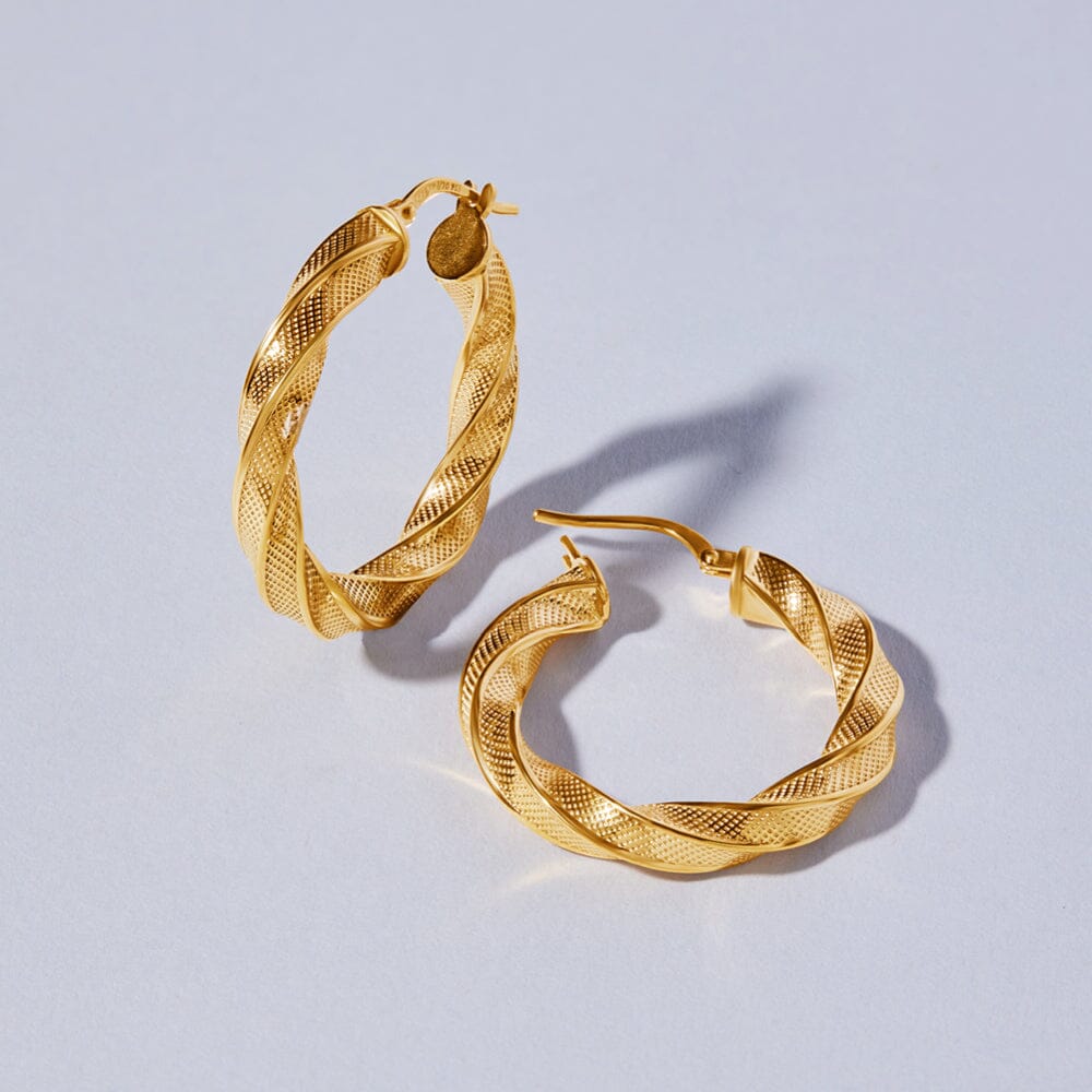 9ct Yellow Gold Silver Infused Fancy Twist Hoop Earrings 20mm Earrings Bevilles 