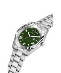 Guess Connoisseur Brushed And Polished Silver Tone Case Semi Gloss Green Day Date Dial And Brushed And Polished Silver Tone Bracelet GW0265G10 Watches Guess 