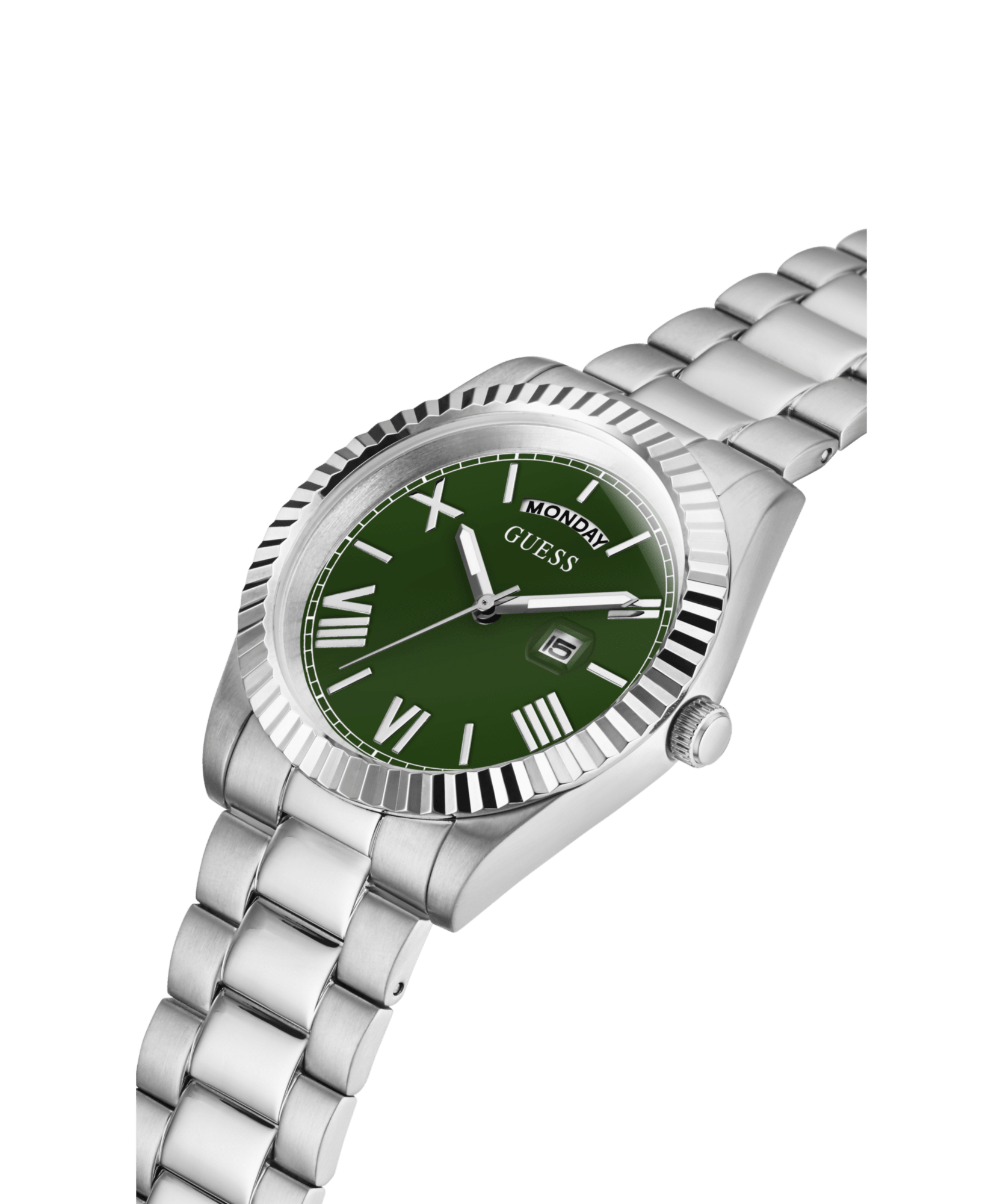 Guess Connoisseur Brushed And Polished Silver Tone Case Semi Gloss Green Day Date Dial And Brushed And Polished Silver Tone Bracelet GW0265G10 Watches Guess 