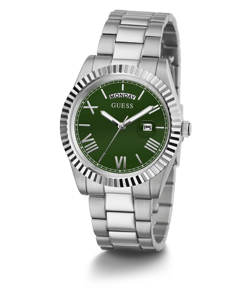 Guess Connoisseur Brushed And Polished Silver Tone Case Semi Gloss Green Day Date Dial And Brushed And Polished Silver Tone Bracelet GW0265G10 Watches Guess 
