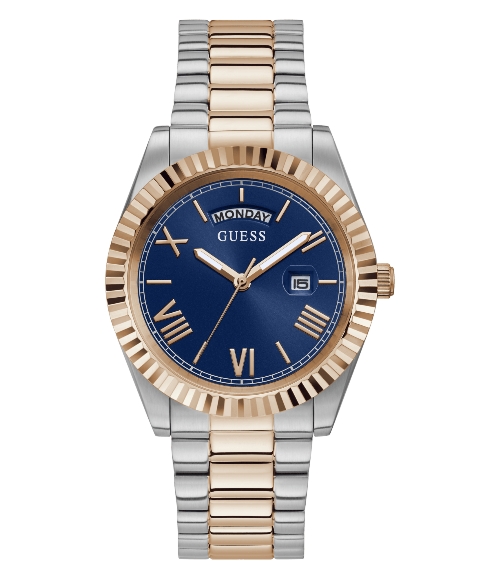 Guess Connoisseur Brushed And Polished Two Tone Case Blue Day Date Dial And Brushed And Polished Two Tone Bracelet GW0265G12 Watches Guess 