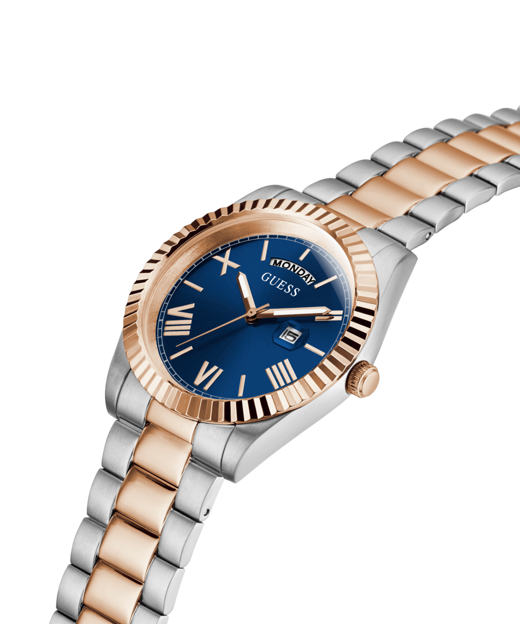 Guess Connoisseur Brushed And Polished Two Tone Case Blue Day Date Dial And Brushed And Polished Two Tone Bracelet GW0265G12 Watches Guess 