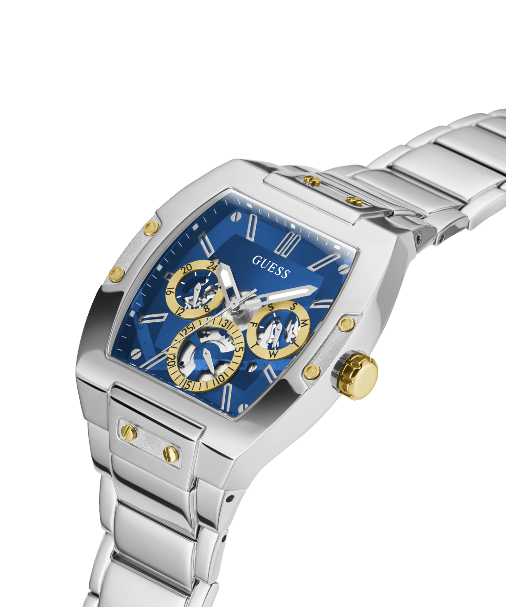 Guess Phoenix Polished Silver Tone Case Sunray Blue Cut Thru Multifunction Dial And Polished Silver Tone Bracelet GW0456G5 Watches Guess 