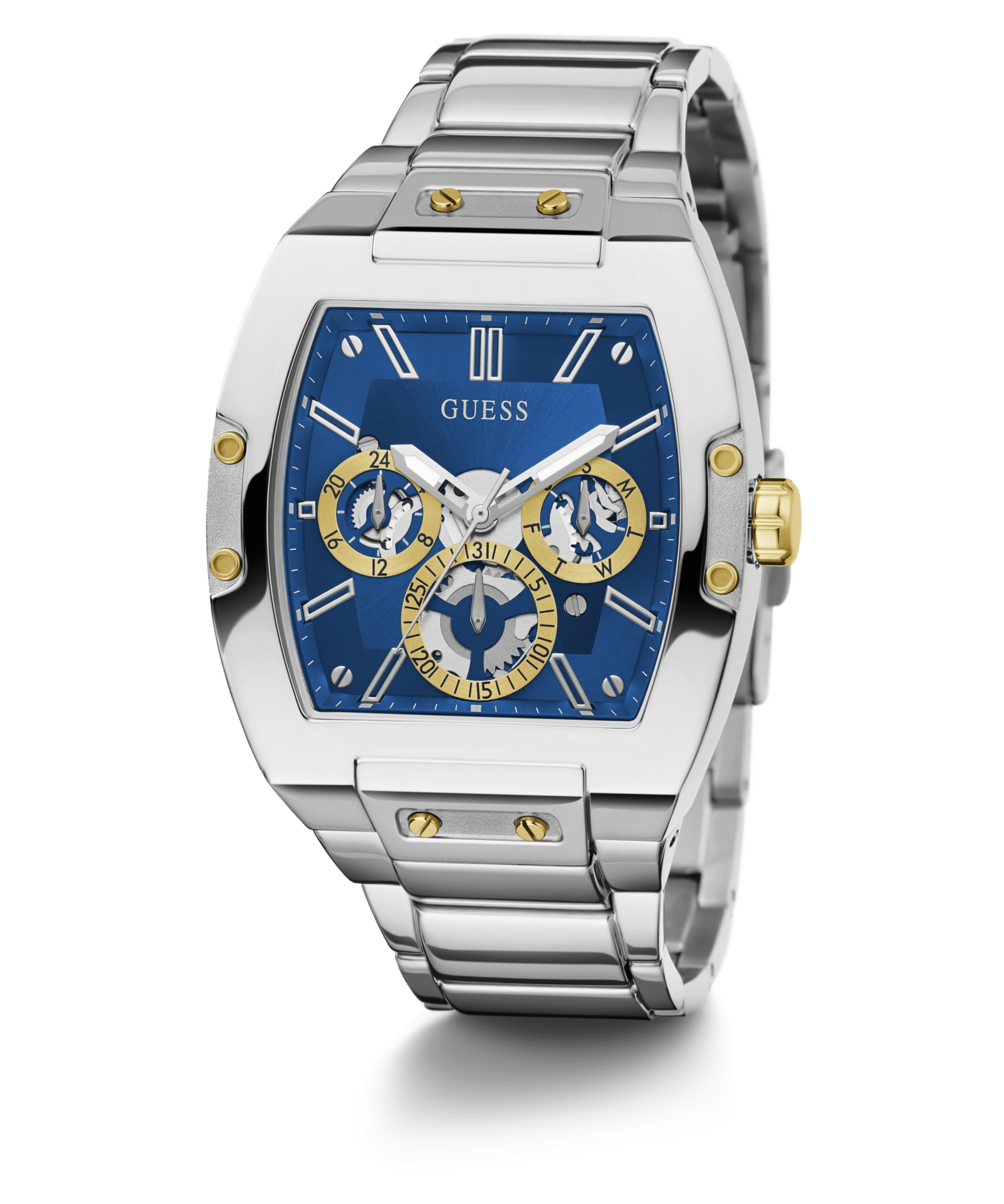 Guess Phoenix Polished Silver Tone Case Sunray Blue Cut Thru Multifunction Dial And Polished Silver Tone Bracelet GW0456G5 Watches Guess 