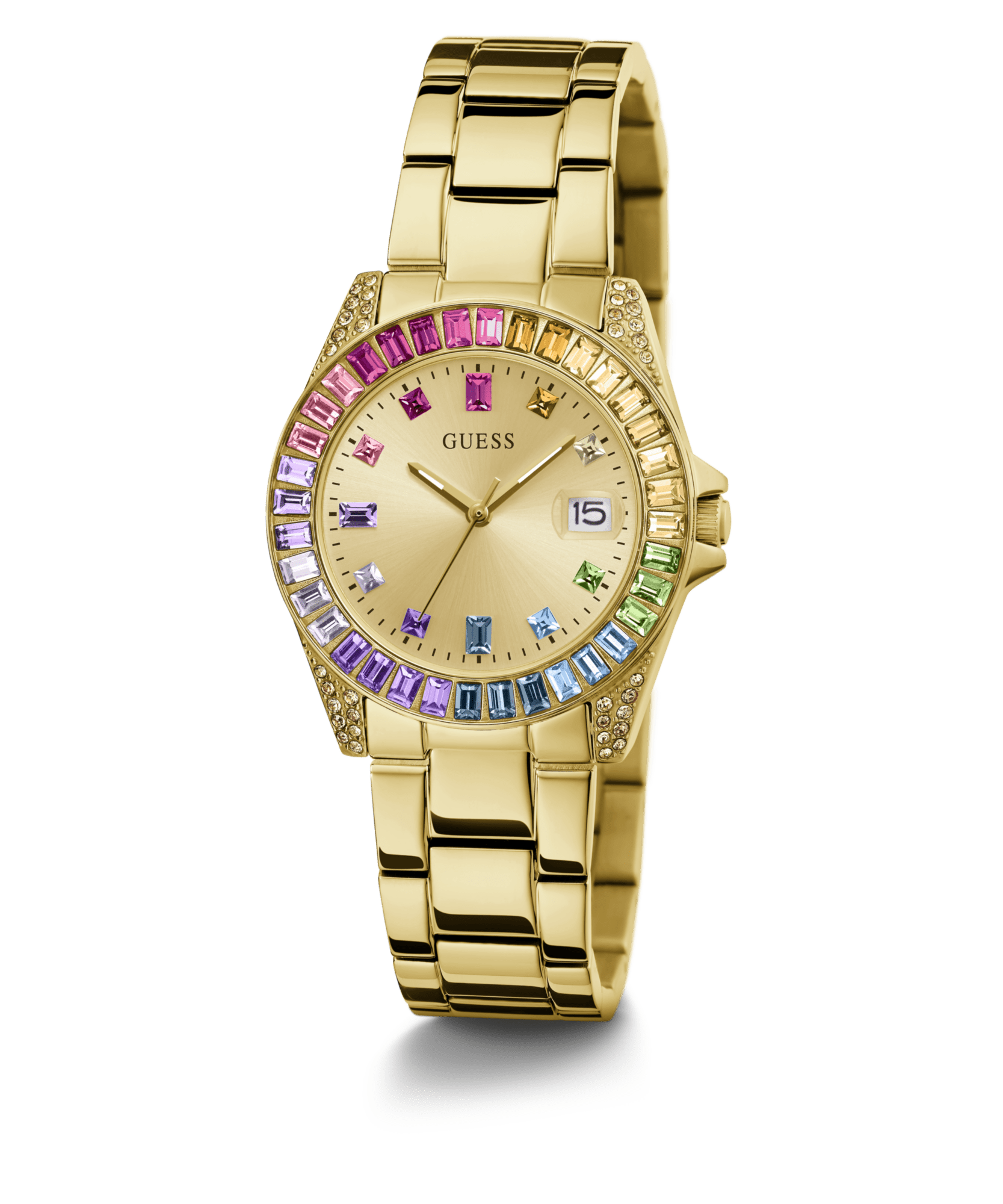 Guess Opaline Polished Gold Tone Case With Baguette Crystals Sunray Champagne Date Dial And Polished Gold Tone Bracelet GW0475L3 Watches Guess 