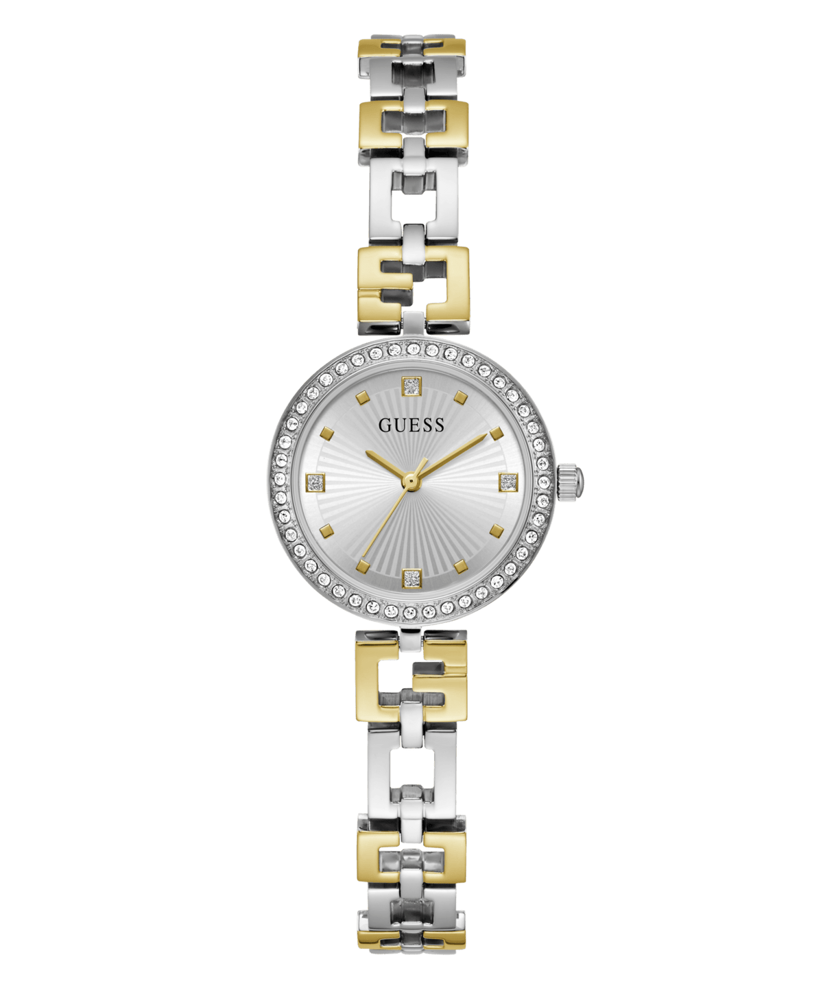 Guess Lady G Polished Silver Tone Case With Crystals Sunray Silver Dial And Polished Silver And Gold Tone Logo Bracelet With Adjustable G Links GW0656L1 Watches Guess 
