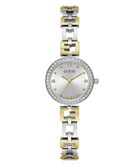 Guess Lady G Polished Silver Tone Case With Crystals Sunray Silver Dial And Polished Silver And Gold Tone Logo Bracelet With Adjustable G Links GW0656L1 Watches Guess 