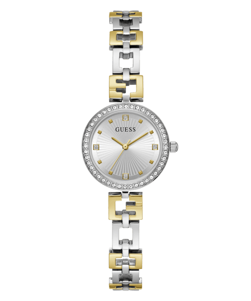 Guess Lady G Polished Silver Tone Case With Crystals Sunray Silver Dial And Polished Silver And Gold Tone Logo Bracelet With Adjustable G Links GW0656L1 Watches Guess 