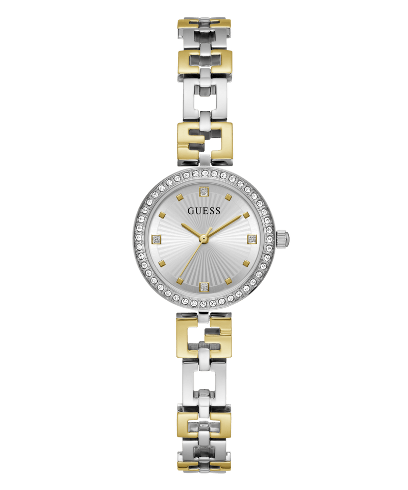 Guess Lady G Polished Silver Tone Case With Crystals Sunray Silver Dial And Polished Silver And Gold Tone Logo Bracelet With Adjustable G Links GW0656L1 Watches Guess 