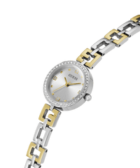 Guess Lady G Polished Silver Tone Case With Crystals Sunray Silver Dial And Polished Silver And Gold Tone Logo Bracelet With Adjustable G Links GW0656L1 Watches Guess 