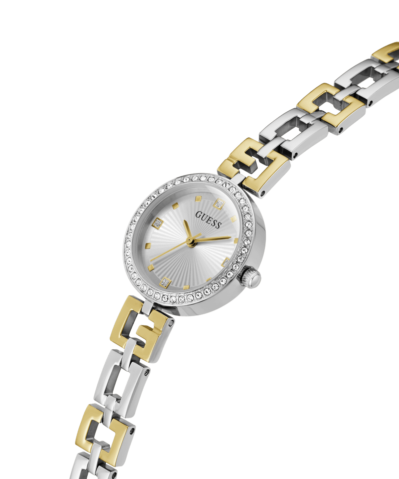 Guess Lady G Polished Silver Tone Case With Crystals Sunray Silver Dial And Polished Silver And Gold Tone Logo Bracelet With Adjustable G Links GW0656L1 Watches Guess 