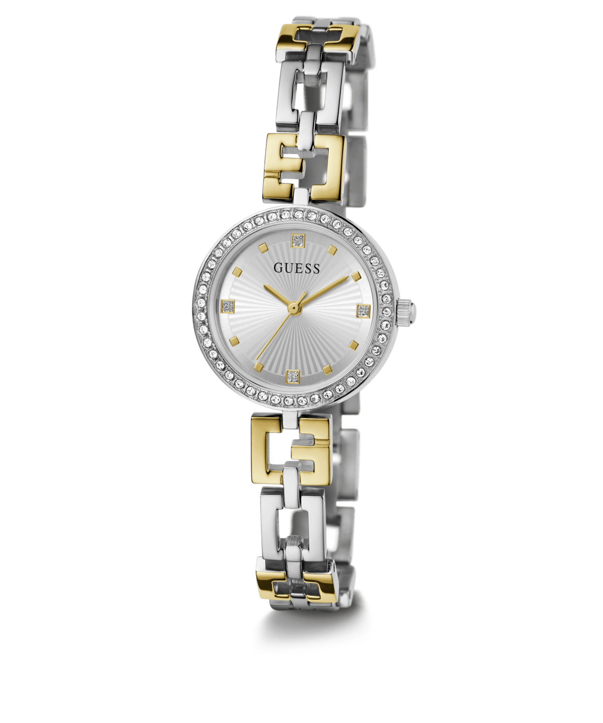 Guess Lady G Polished Silver Tone Case With Crystals Sunray Silver Dial And Polished Silver And Gold Tone Logo Bracelet With Adjustable G Links GW0656L1 Watches Guess 