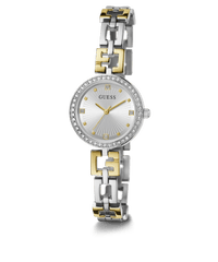 Guess Lady G Polished Silver Tone Case With Crystals Sunray Silver Dial And Polished Silver And Gold Tone Logo Bracelet With Adjustable G Links GW0656L1 Watches Guess 
