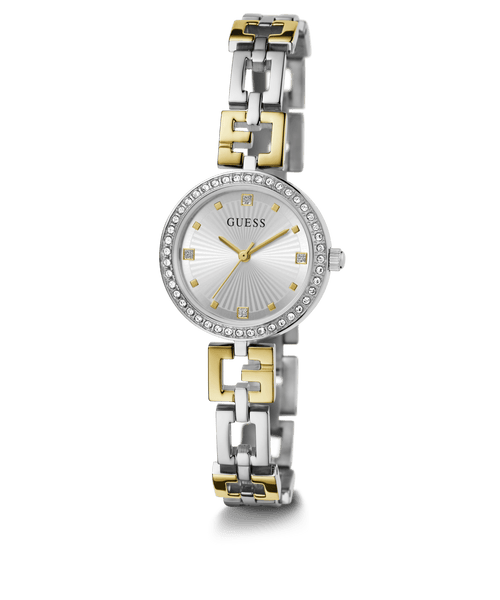 Guess Lady G Polished Silver Tone Case With Crystals Sunray Silver Dial And Polished Silver And Gold Tone Logo Bracelet With Adjustable G Links GW0656L1 Watches Guess 