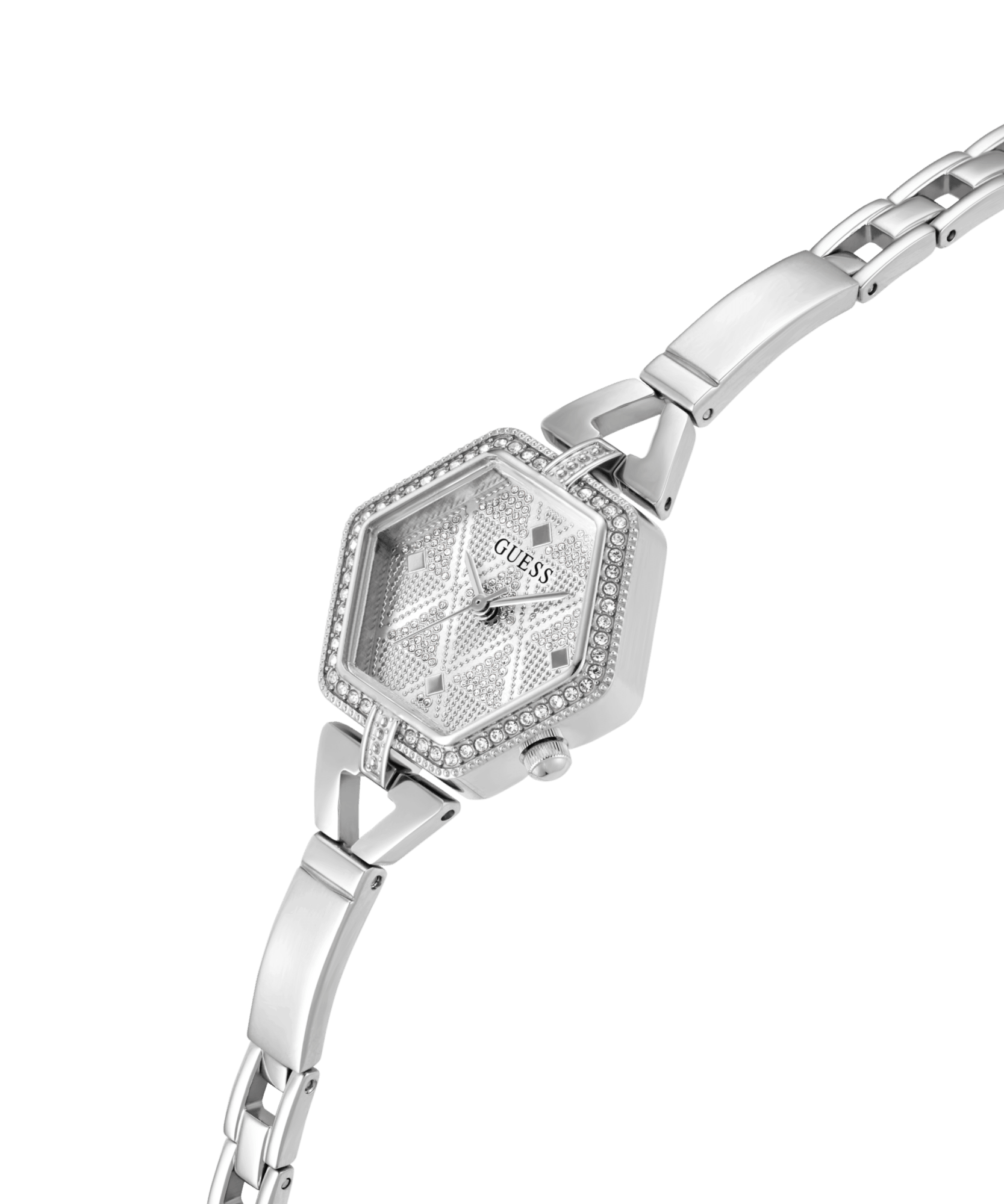 Guess Audrey Polished Silver Tone Case With Crystals Sunray Silver Glitz Dial And Polished Silver Tone Bracelet With Adjustable G Links GW0680L1 Watches Guess 