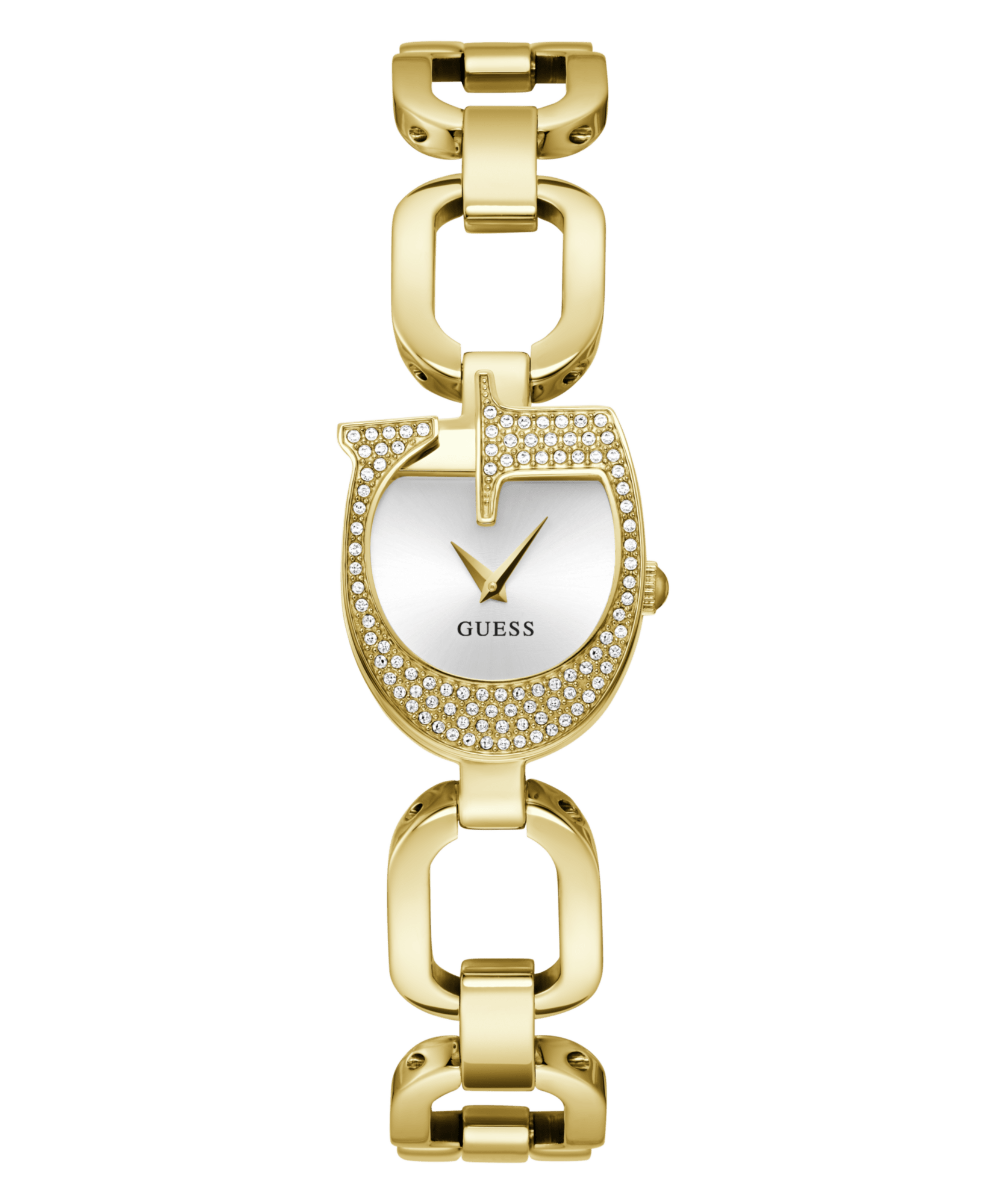 Guess Gia Polished Gold Tone Logo Case With Crystals Sunray Silver Dial And Polished Gold Tone Bracelet With Adjustable G Links GW0683L2 Watches Guess 