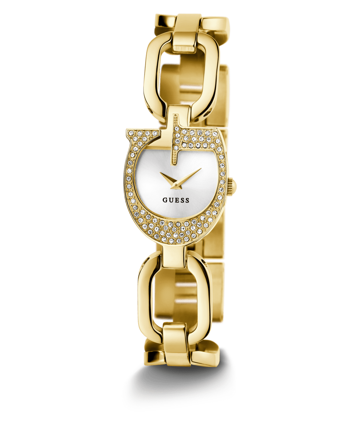 Guess Gia Polished Gold Tone Logo Case With Crystals Sunray Silver Dial And Polished Gold Tone Bracelet With Adjustable G Links GW0683L2 Watches Guess 