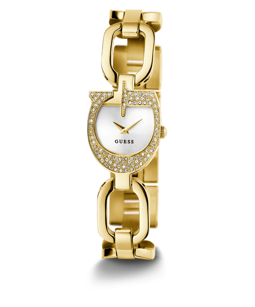 Guess Gia Polished Gold Tone Logo Case With Crystals Sunray Silver Dial And Polished Gold Tone Bracelet With Adjustable G Links GW0683L2 Watches Guess 