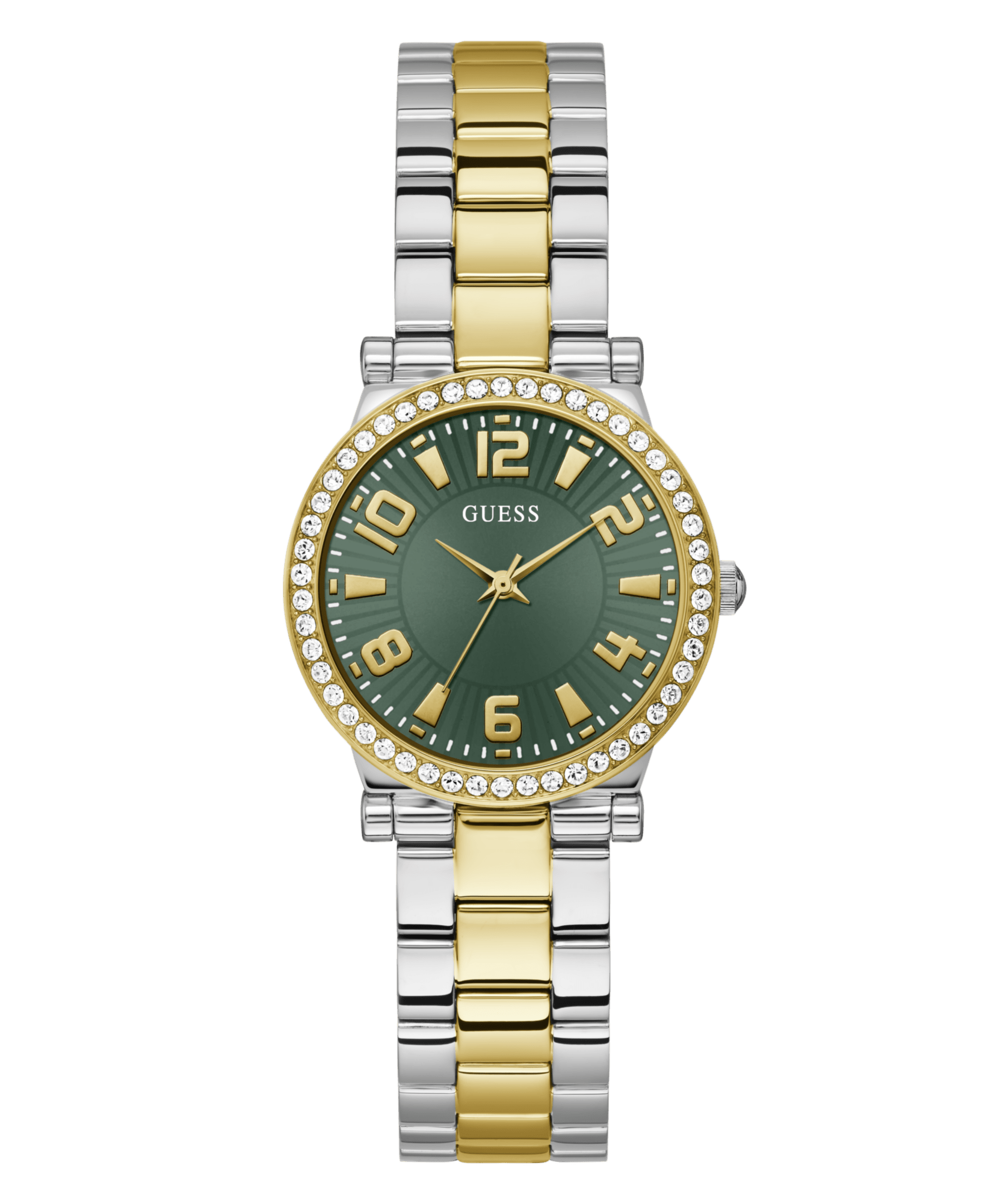 Guess Fawn Polished Two Tone Case With Crystals Sunray Green Dial And Polished Two Tone Bracelet GW0686L2 Watches Guess 