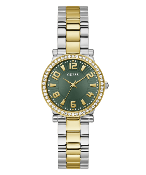 Guess Fawn Polished Two Tone Case With Crystals Sunray Green Dial And Polished Two Tone Bracelet GW0686L2 Watches Guess 