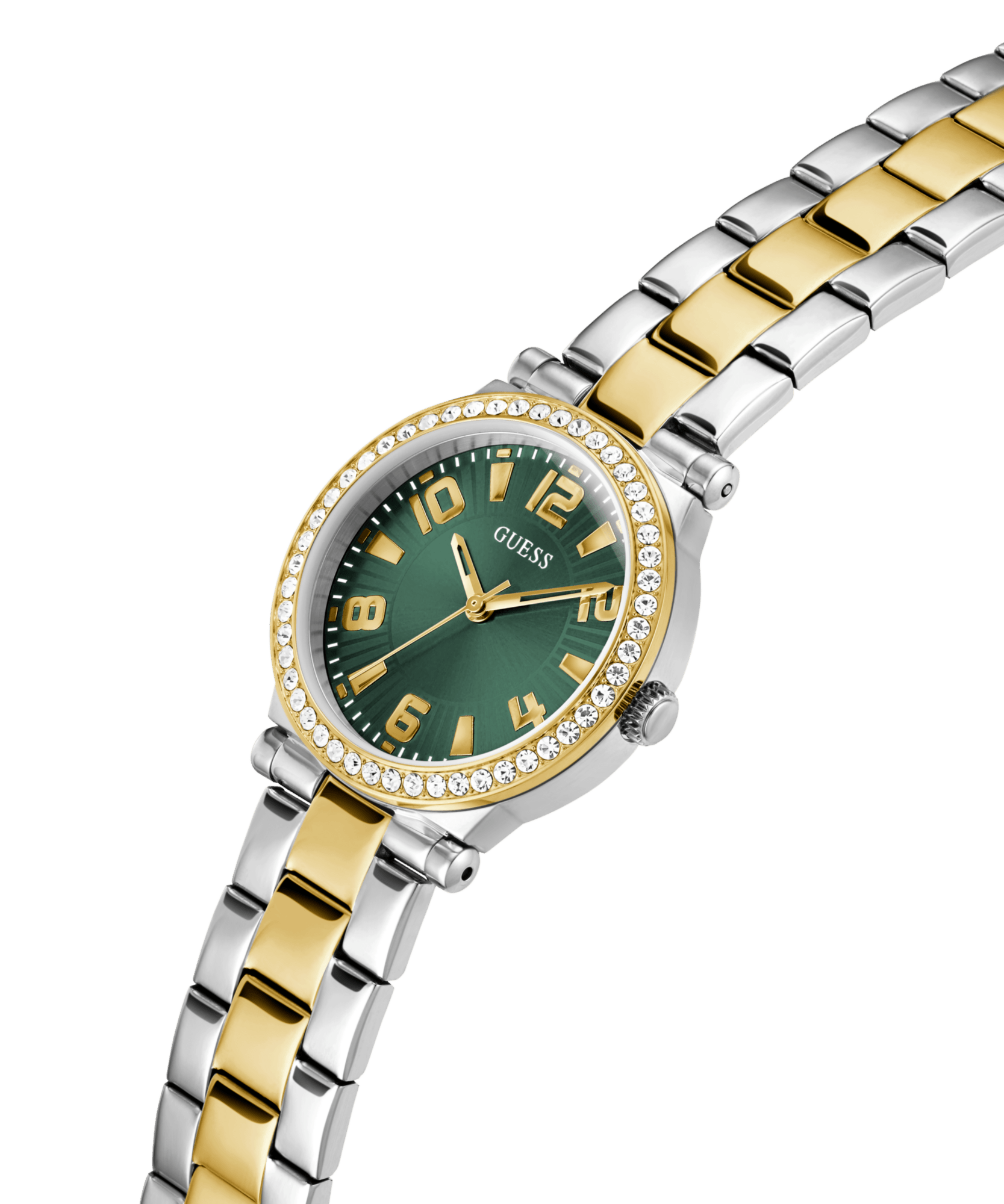 Guess Fawn Polished Two Tone Case With Crystals Sunray Green Dial And Polished Two Tone Bracelet GW0686L2 Watches Guess 