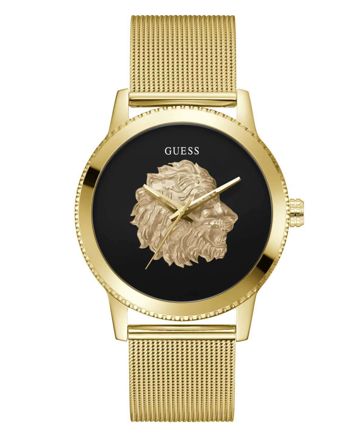 Guess Monarch Polished Gold Tone Case Sunray Black Dial With A Polished Gold Tone Lion And Polished Gold Tone Mesh Bracelet GW0702G1 Watches Guess 