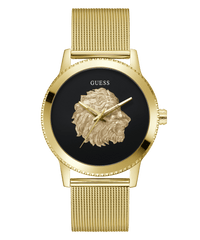 Guess Monarch Polished Gold Tone Case Sunray Black Dial With A Polished Gold Tone Lion And Polished Gold Tone Mesh Bracelet GW0702G1 Watches Guess 