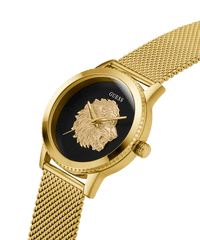 Guess Monarch Polished Gold Tone Case Sunray Black Dial With A Polished Gold Tone Lion And Polished Gold Tone Mesh Bracelet GW0702G1 Watches Guess 