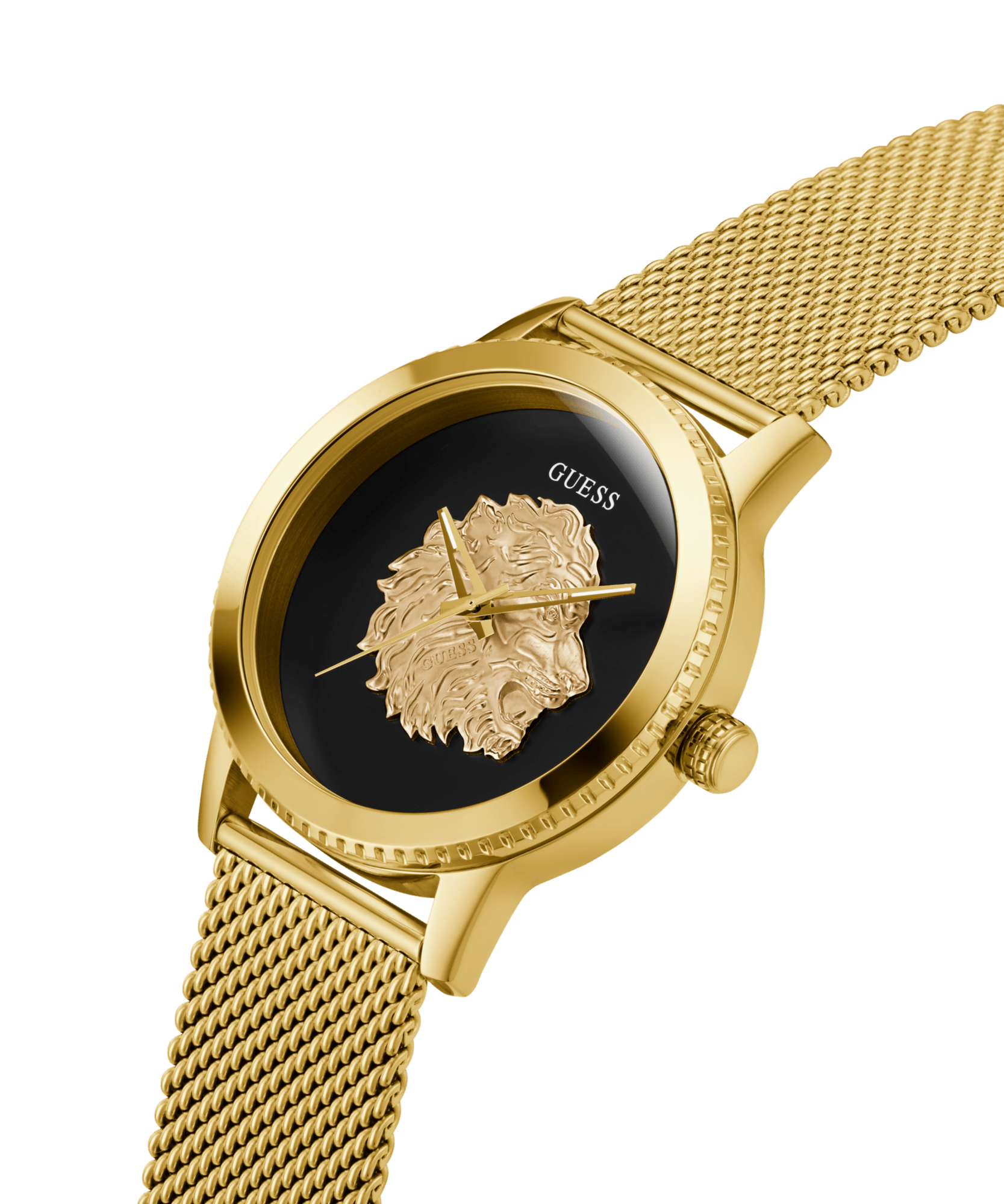 Guess Monarch Polished Gold Tone Case Sunray Black Dial With A Polished Gold Tone Lion And Polished Gold Tone Mesh Bracelet GW0702G1 Watches Guess 